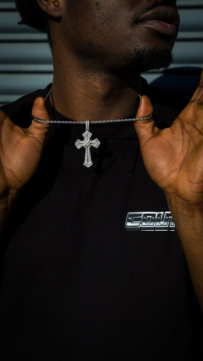 ICED OUT DOUBLE CROSS PENDANT - SILVER