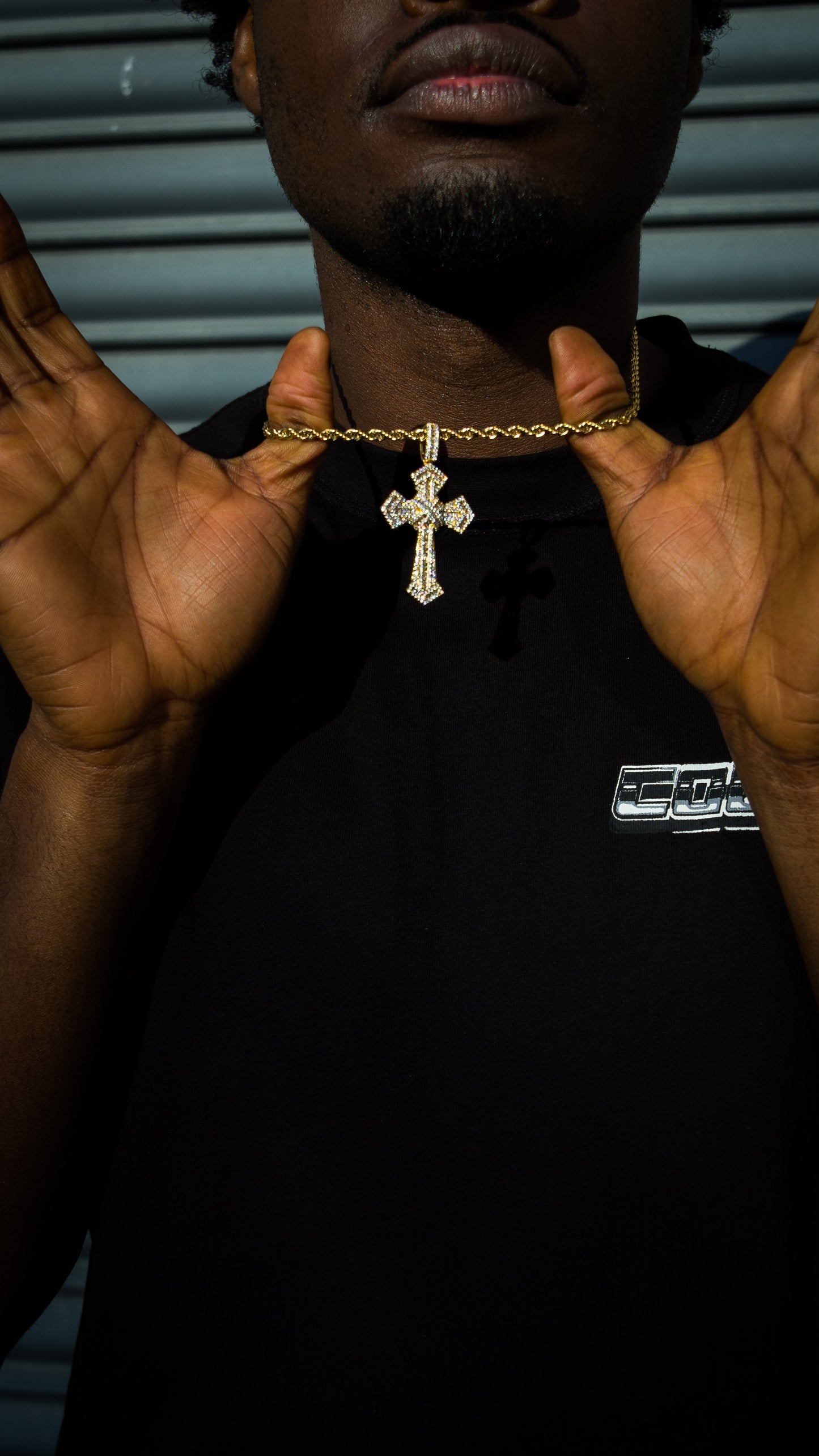 ICED OUT DOUBLE CROSS PENDANT - GOLD